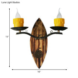 Vintage 2-Light Candle Sconce With Wood Backplate In Black Resin Wall Mount