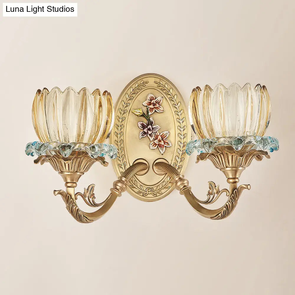 Vintage 2-Light Floral Wall Lamp In Clear Ribbed Glass Sconce With Gold Finish