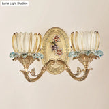 Vintage 2-Light Floral Wall Lamp In Clear Ribbed Glass Sconce With Gold Finish