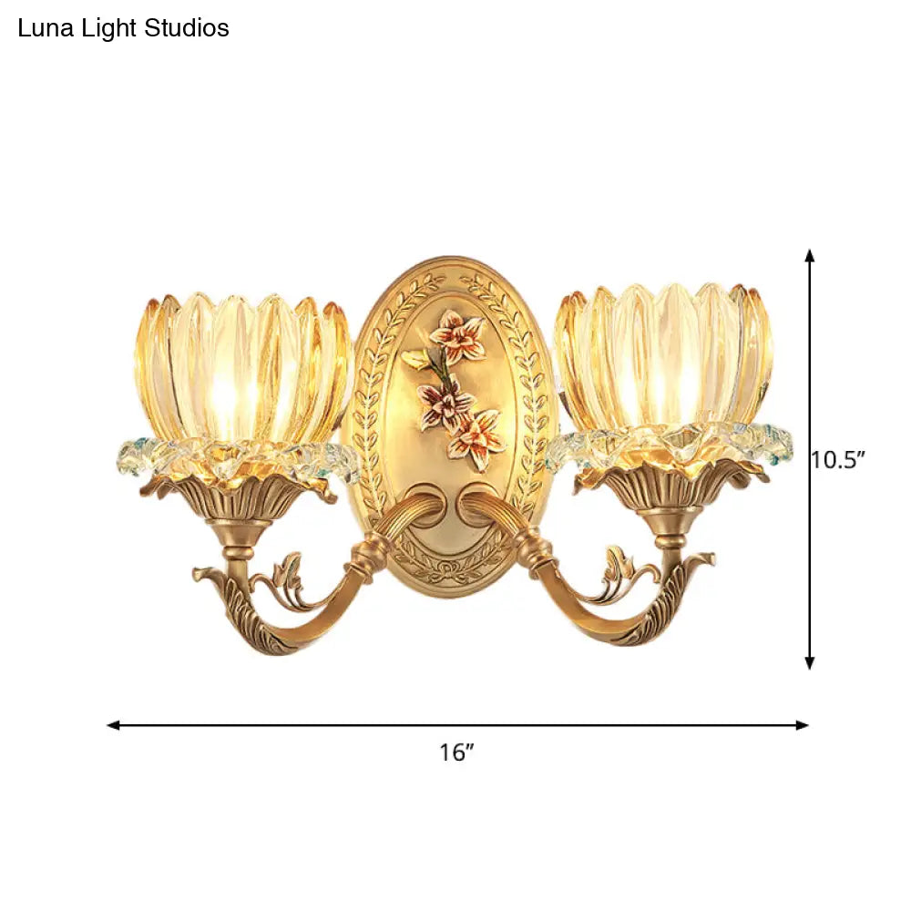 Vintage 2-Light Floral Wall Lamp In Clear Ribbed Glass Sconce With Gold Finish