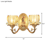 Vintage 2-Light Floral Wall Lamp In Clear Ribbed Glass Sconce With Gold Finish