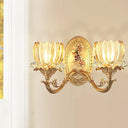 Vintage 2-Light Floral Wall Lamp In Clear Ribbed Glass Sconce With Gold Finish