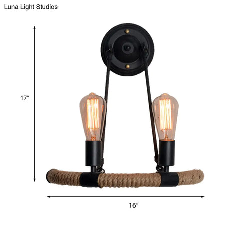 Vintage 2-Light Metal Wall Sconce With Rope-Woven Arm In Black - Expose Bulb Porch Lighting
