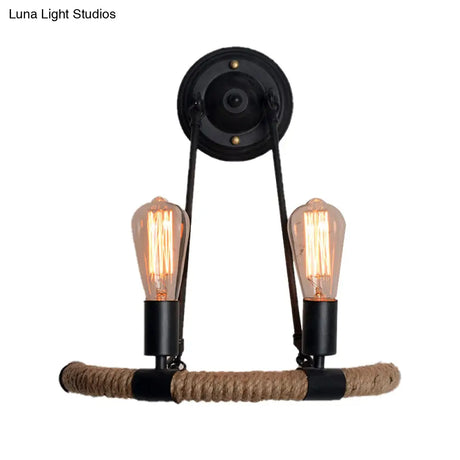 Vintage 2-Light Metal Wall Sconce With Rope-Woven Arm In Black - Expose Bulb Porch Lighting
