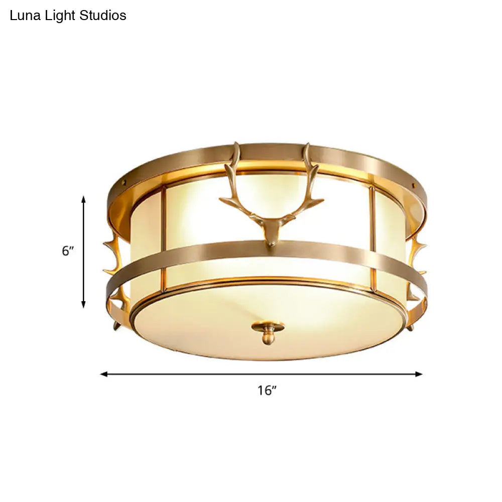 Vintage 4 - Light Brass Antler Ceiling Lamp With Opal Glass Shade