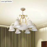 Vintage 9-Bulb Ribbed Milk Glass Carillon Hanging Lamp In White-Gold - Perfect Living Room