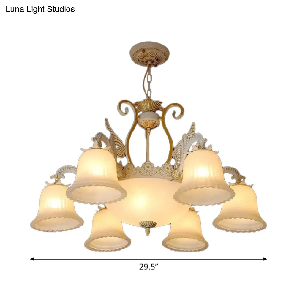 Vintage 9-Bulb Ribbed Milk Glass Carillon Hanging Lamp In White-Gold - Perfect Living Room