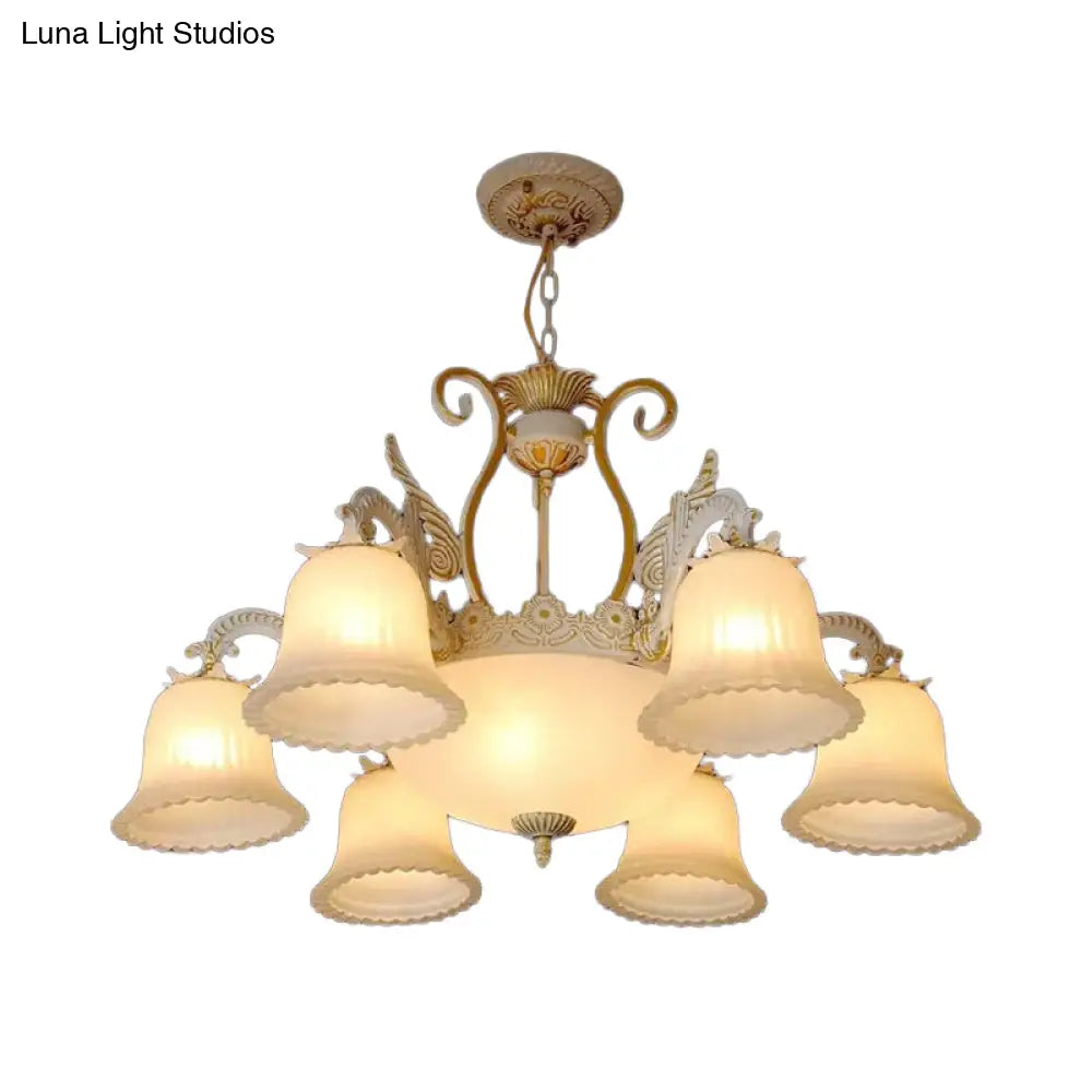 Vintage 9-Bulb Ribbed Milk Glass Carillon Hanging Lamp In White-Gold - Perfect Living Room