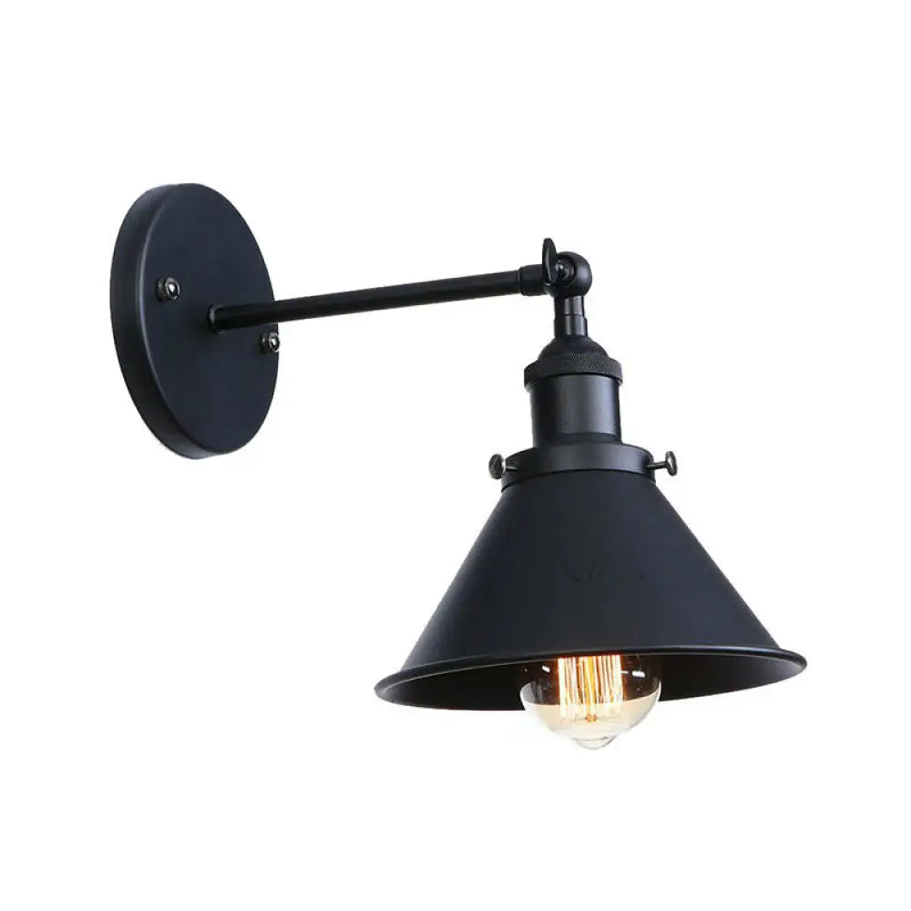Vintage Adjustable Wall Lamp With Saucer Shade And Mesh Cage Design In Black / F