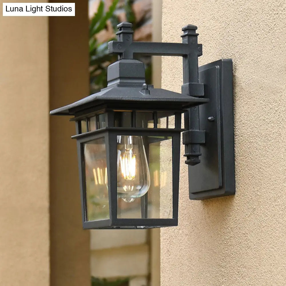 Vintage Aluminium Wall Sconce Lamp With Clear Glass Shade In Textured Black - Single-Bulb Lighting