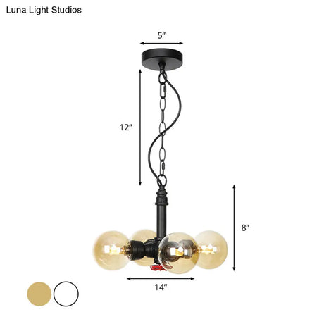 Vintage Amber/Clear Glass Chandelier Pendant Lamp - 4 Lights Global Black Hanging Ceiling Fixture