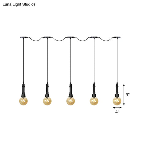 Vintage Amber Glass Ball Pendant Lamp In Black - Tandem Led Ceiling Light 3/5/7-Light Coffee House
