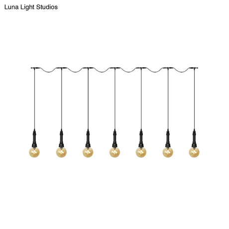 Vintage Amber Glass Ball Pendant Lamp In Black - Tandem Led Ceiling Light 3/5/7-Light Coffee House