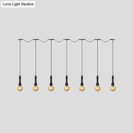 Vintage Amber Glass Ball Pendant Lamp In Black - Tandem Led Ceiling Light 3/5/7-Light Coffee House