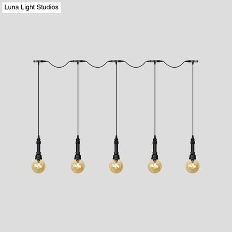 Vintage Amber Glass Ball Pendant Lamp In Black - Tandem Led Ceiling Light 3/5/7-Light Coffee House