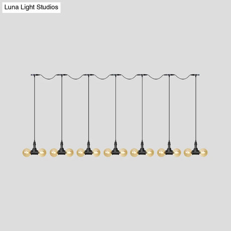 Vintage Amber Glass Pendant Lamp With Black Tandem Led And Multi-Head Design