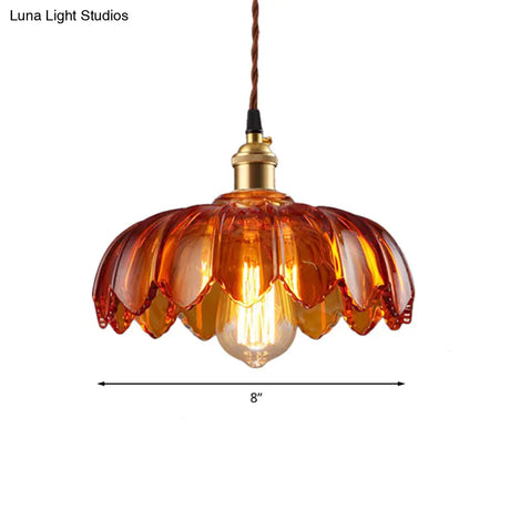 Vintage Amber Glass Scalloped Pendant Light For Corridors - Single Bulb Available In 3 Widths