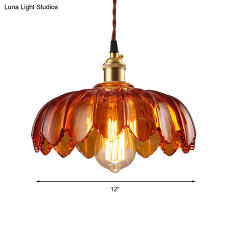 Vintage Amber Glass Scalloped Pendant Light For Corridors - Single Bulb Available In 3 Widths