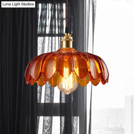 Vintage Amber Glass Scalloped Pendant Light For Corridors - Single Bulb Available In 3 Widths