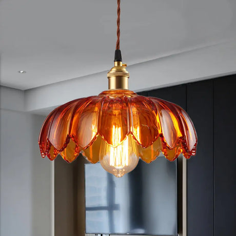 Vintage Amber Glass Scalloped Pendant Light For Corridors - Single Bulb Available In 3 Widths / 8’