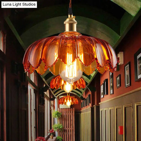 Vintage Amber Glass Scalloped Pendant Light For Corridors - Single Bulb Available In 3 Widths