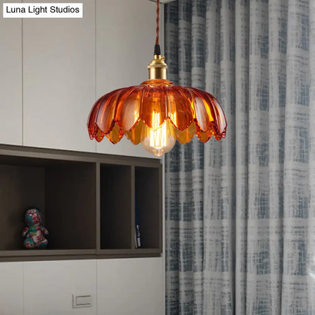 Vintage Amber Glass Scalloped Pendant Light For Corridors - Single Bulb Available In 3 Widths