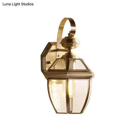 Vintage Antique Brass Wall Sconce Light With Transparent Glass - 1-Light Tapered Lamp For Outdoor