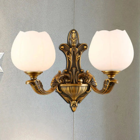 Vintage Antique Brass Wall Sconce With Milky Glass Shade: Stylish 1/2-Light Bowl 2 /