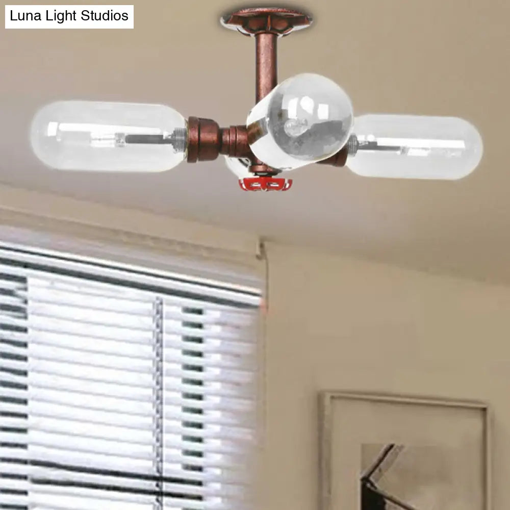 Vintage Antique Copper Sputnik Semi Flush Light With Clear Glass - 4/6 Dining Room Ceilng Fixture