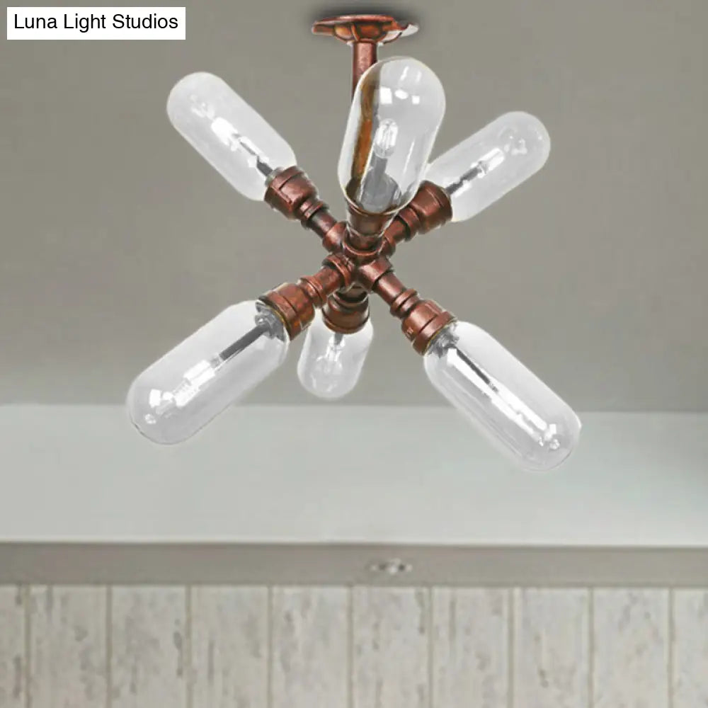 Vintage Antique Copper Sputnik Semi Flush Light With Clear Glass - 4/6 Dining Room Ceilng Fixture