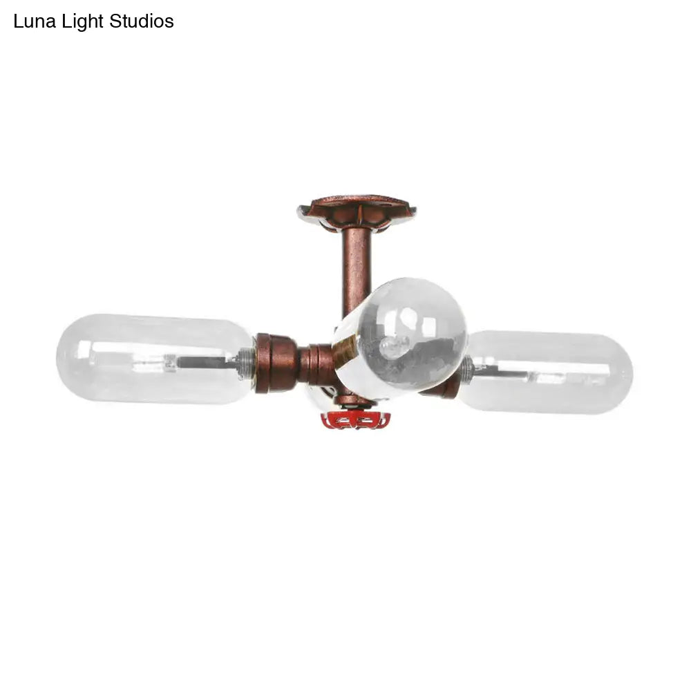 Vintage Antique Copper Sputnik Semi Flush Light With Clear Glass - 4/6 Dining Room Ceilng Fixture