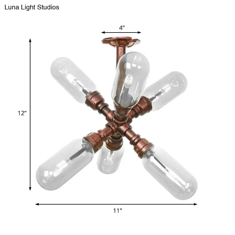 Vintage Antique Copper Sputnik Semi Flush Light With Clear Glass - 4/6 Dining Room Ceilng Fixture