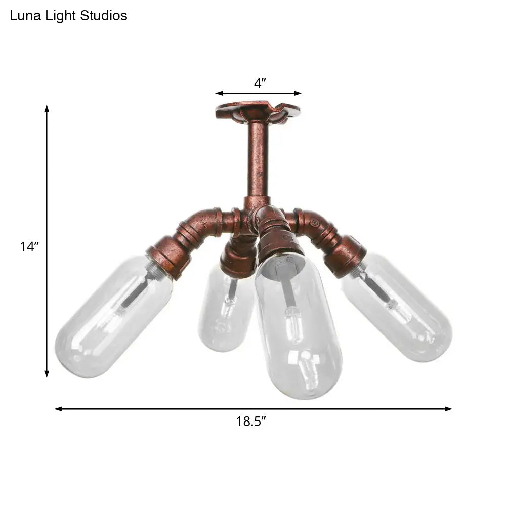 Vintage Antique Copper Sputnik Semi Flush Light With Clear Glass - 4/6 Dining Room Ceilng Fixture