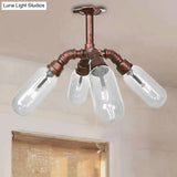 Vintage Antique Copper Sputnik Semi Flush Light With Clear Glass - 4/6 Dining Room Ceilng Fixture