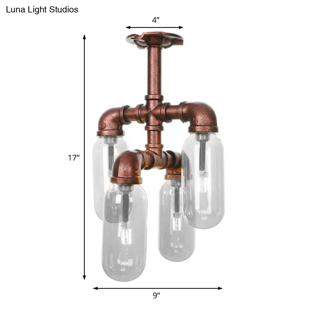 Vintage Antique Copper Sputnik Semi Flush Light With Clear Glass - 4/6 Dining Room Ceilng Fixture