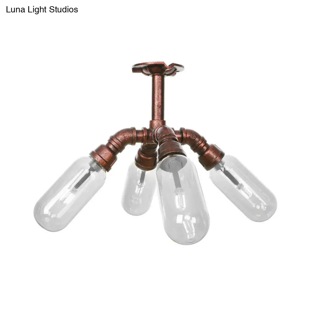 Vintage Antique Copper Sputnik Semi Flush Light With Clear Glass - 4/6 Dining Room Ceilng Fixture
