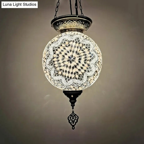 Vintage Art Glass Pendant Light Kit With Globe Design And Stained White/Red/Blue Shades For Dining