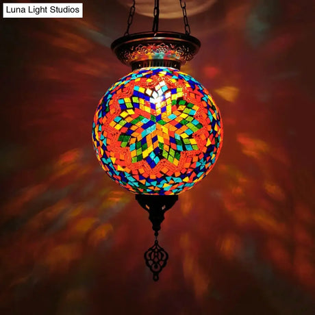 Vintage Art Glass Pendant Light Kit With Globe Design And Stained White/Red/Blue Shades For Dining