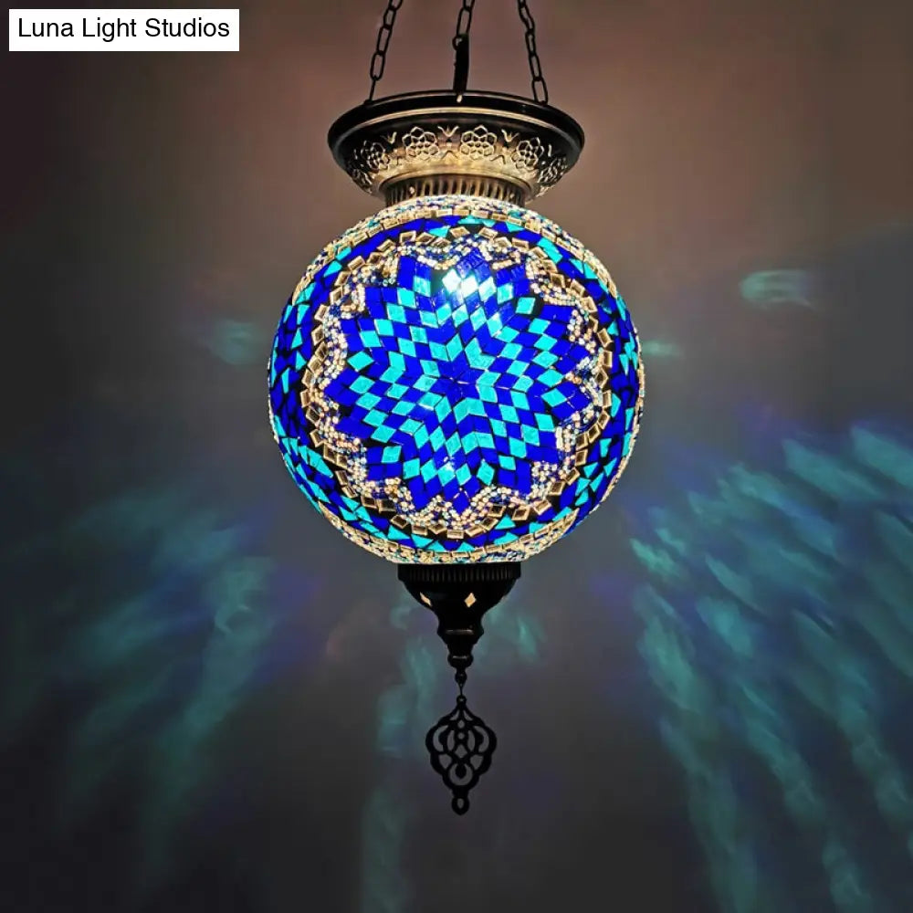 Vintage Art Glass Pendant Light Kit With Globe Design And Stained White/Red/Blue Shades For Dining