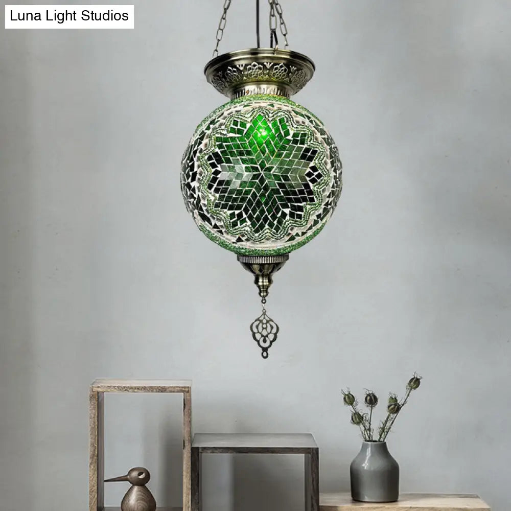 Vintage Art Glass Pendant Light Kit With Globe Design And Stained White/Red/Blue Shades For Dining