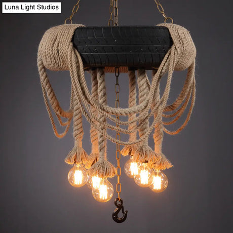 Vintage Automobile Tire Pendant Light For Restaurants - Black Industrial Rope Suspension