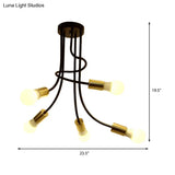 Vintage Bare Bulb Ceiling Light - Black/Gold Metallic Semi Flush With Curved Arm For Bedroom