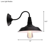 Vintage Barn Wall Light - 10/14 Wide Metal Gooseneck Fixture Black