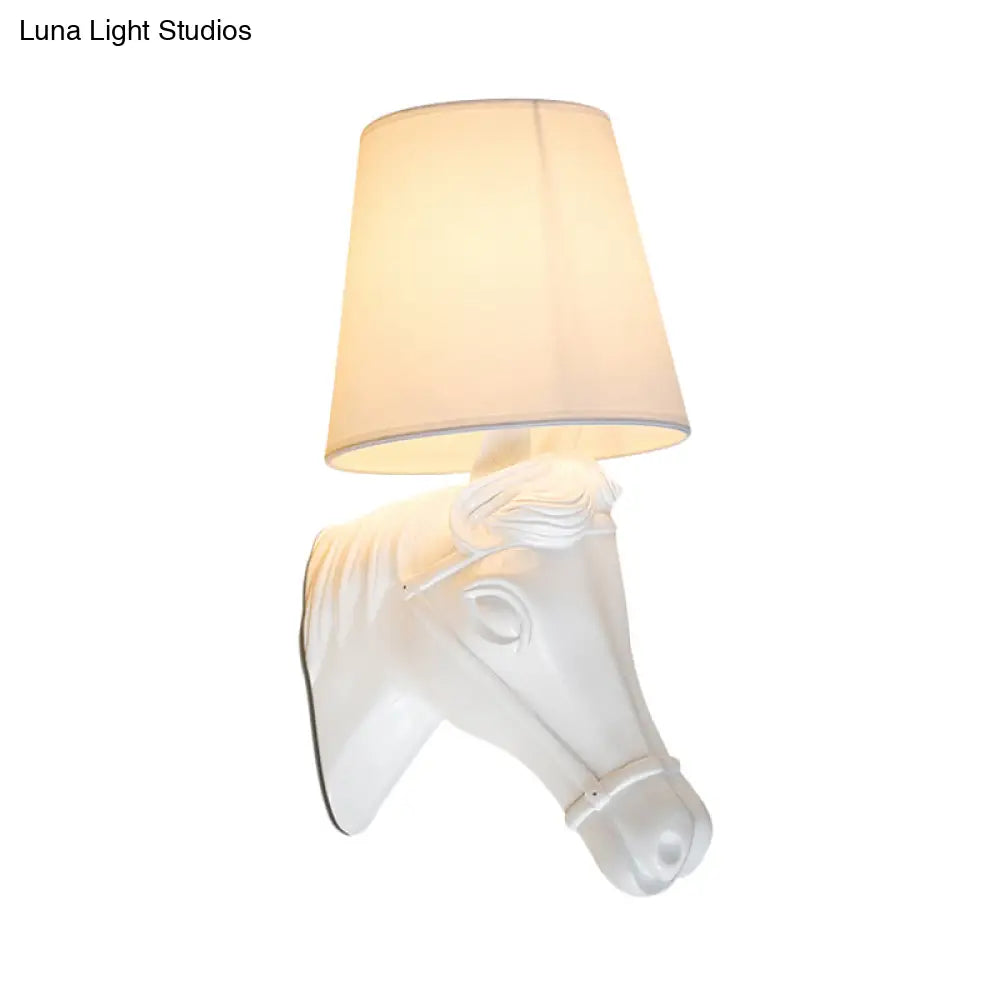 Vintage Barrel Sconce Wall Light With Horse Head Design - White Fabric Lamp Shade 1 Bulb