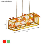 Vintage Beige Bamboo Pendant Light With Red Maple Leaf And Green Leaves Deco - Tea Room Lighting Kit