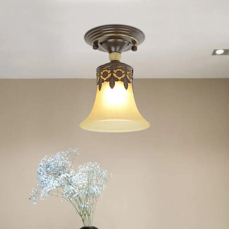 Vintage Beige Glass Flared Shade Semi Flush Mount Ceiling Light In Black - 1 Bulb