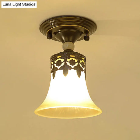 Vintage Beige Glass Flared Shade Semi Flush Mount Ceiling Light In Black - 1 Bulb