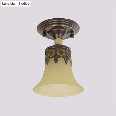 Vintage Beige Glass Flared Shade Semi Flush Mount Ceiling Light In Black - 1 Bulb