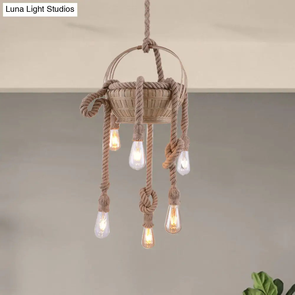 Vintage Beige Hemp Rope Chandelier - Rustic Hanging Light For Living Room