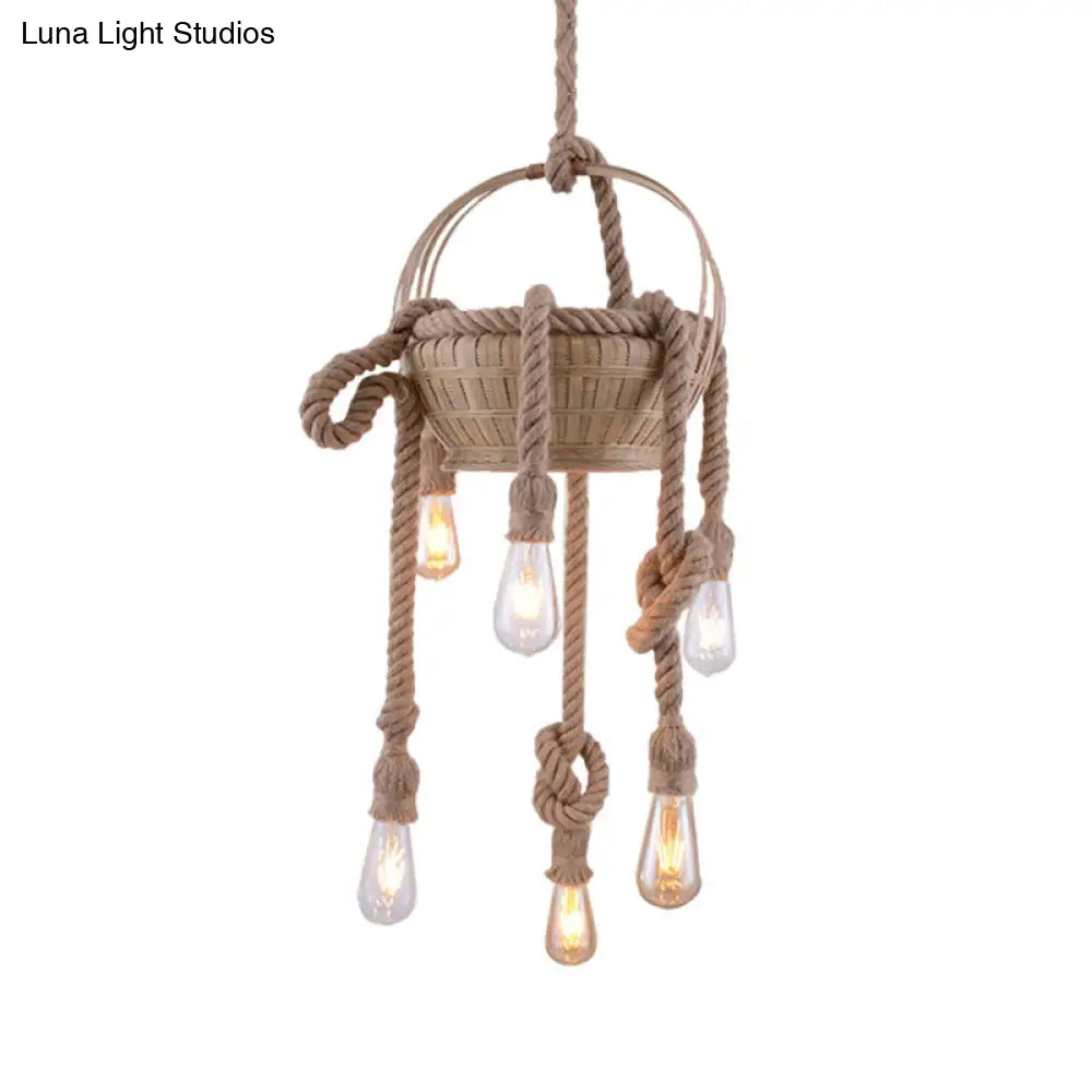 Vintage Beige Hemp Rope Chandelier - Rustic Hanging Light For Living Room